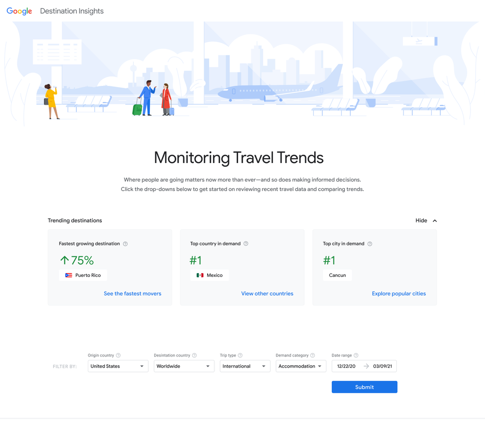 Screenshot of the Focusing Facts tool within Destination Insights, showing trending destinations