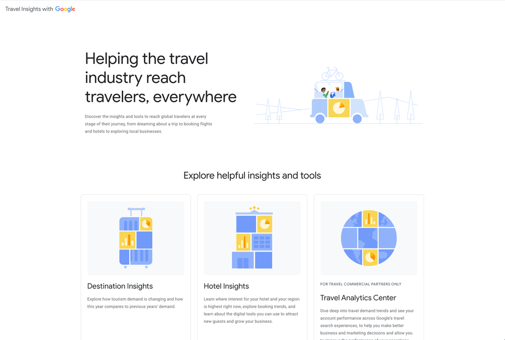 Screenshot of the Travel Insights tool landing page, showing cards for Destination Insights, Hotel Insights, and Travel Analytics Center